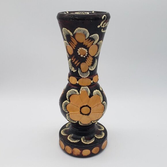 Romanian 2007 Hand Turned Hand Painted Floral Wooden Pedestal Vase - 8.75" - Picture 5 of 7
